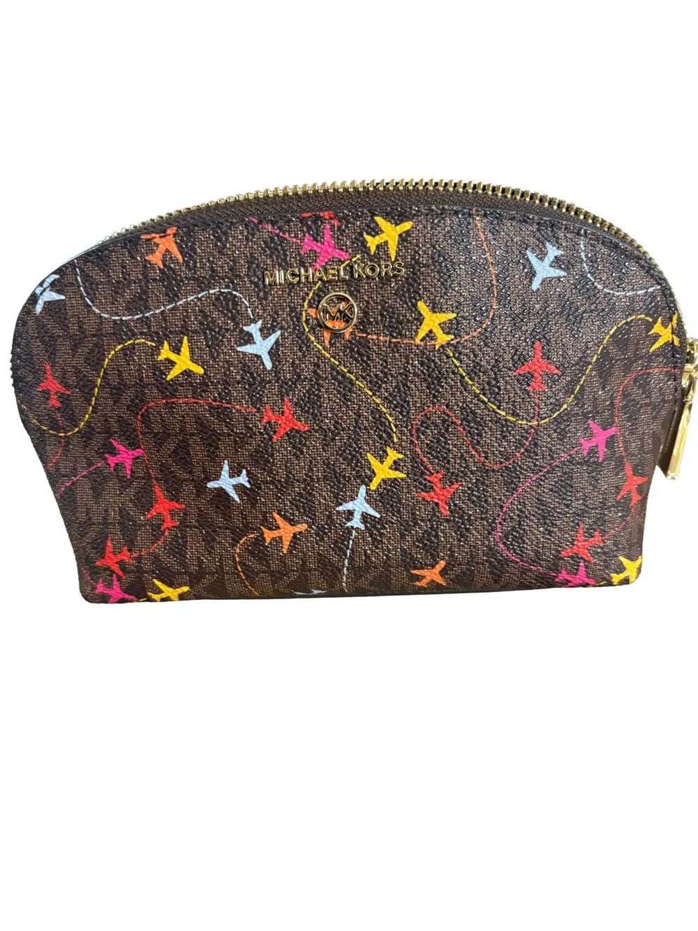 Michael Kors Brown Multicolor Jet-Set Airplane Print Cosmetic Pouch
